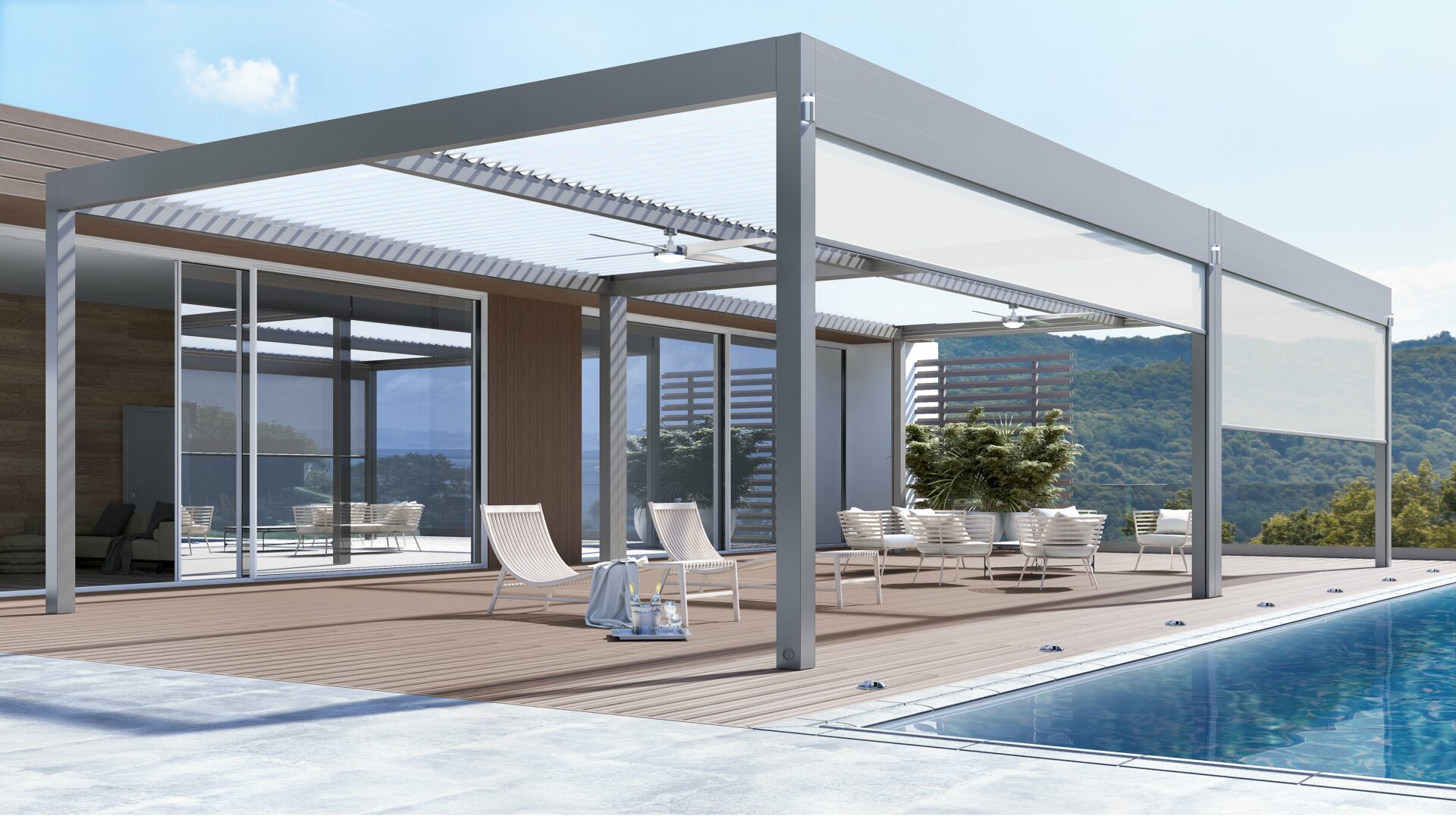 A terrace with sunbeds under the PG160P Santorini pergola